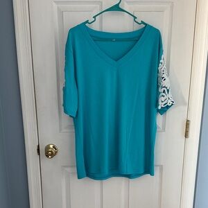 Turquoise V-Neck Top with Lace Detail